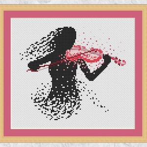 Patrón punto de cruz violín (femenino), esquema punto de cruz con música, violinista de arte moderno, músico, orquesta, silueta, PDF