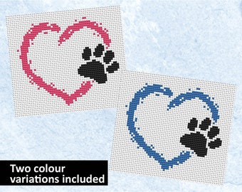 Pet heart cross stitch pattern, dog cross stitch, cat cross stitch, paw print card motif, easy embroidery design, learn to cross stitch PDF