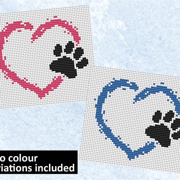 Pet heart cross stitch pattern, dog cross stitch, cat cross stitch, paw print card motif, easy embroidery design, learn to cross stitch PDF
