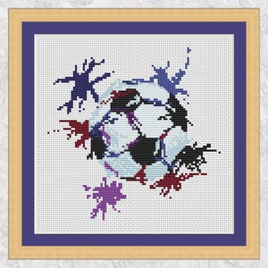 Football cross stitch pattern, modern soccer counted cross stitch chart, splattered paint sport fan design, instant download PDF
