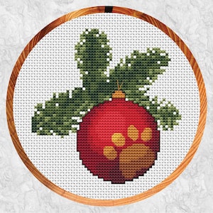 Kerst kruissteekpatroon, pootafdruk kerstontwerp, kerstboom en kerstbal, grafiek voor honden- en kattenliefhebbers, leuke kersthoepelkunst, PDF