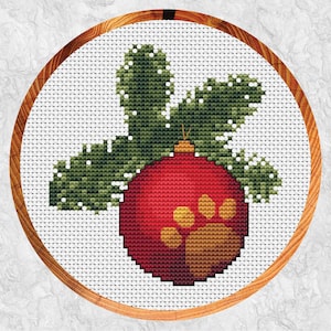 Christmas cross stitch pattern, paw print xmas design, Christmas tree and bauble, chart for dog and cat lovers, fun xmas hoop art, PDF image 1