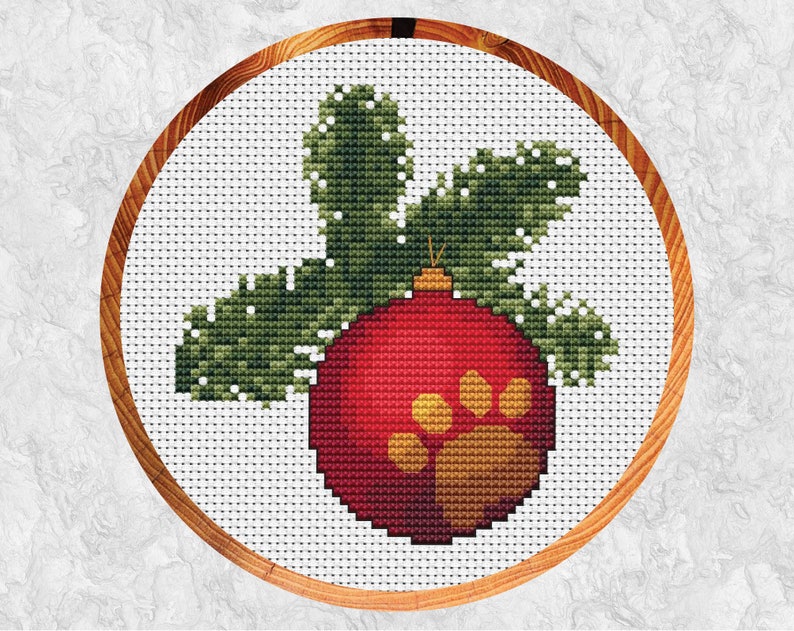 Christmas cross stitch pattern, paw print xmas design, Christmas tree and bauble, chart for dog and cat lovers, fun xmas hoop art, PDF image 1