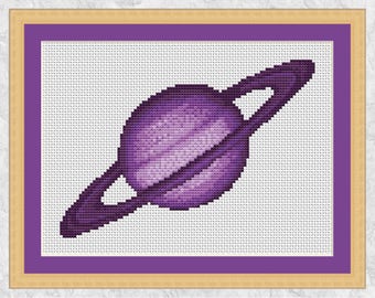 Saturn cross stitch pattern, modern space counted cross stitch printable PDF, astronomy, pop art, purple planet, embroidery design DIY craft