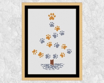 ペットのクリスマスツリーのクロスステッチパターン、犬や猫の足跡の