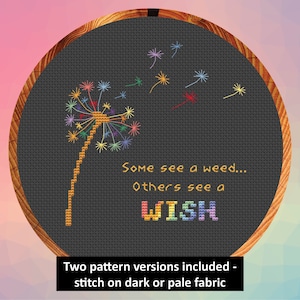 May include: A cross-stitch pattern featuring a colorful dandelion with the text "Some see a weed... Others see a WISH". Two pattern versions are included for stitching on dark or pale fabric.