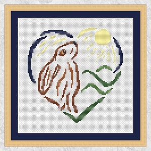 Moon Gazing Hare cross stitch pattern, Sketched Heart design series, instant download PDF
