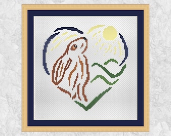 Moon Gazing Hare cross stitch pattern, Sketched Heart design series, instant download PDF