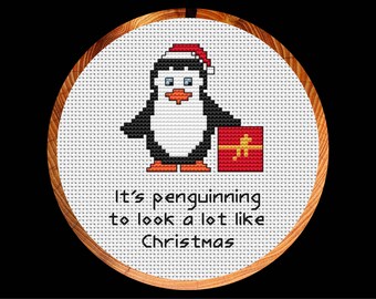 Patrón punto de cruz navideño, juego de palabras de pingüinos, tarjeta o decoración navideña divertida, mini diagrama rápido y fácil, descarga instantánea en PDF