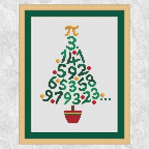 May include: A green cross-stitch pattern of a Christmas tree with the digits of pi forming the tree shape. The tree is decorated with red and yellow ornaments and has a red pot.