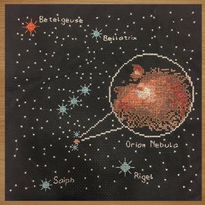 May include: A black and white cross-stitch design of the Orion constellation with the Orion Nebula, Betelgeuse, Bellatrix, Rigel, and Saiph labeled.