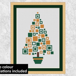 Modern kerstkruissteekpatroon, vierkanten kerstboom, leuk eenvoudig geometrisch ontwerp, voor decoratie of kerstkaart, afdrukbare PDF