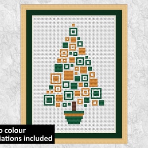 Modern Christmas cross stitch pattern, Squares Christmas Tree, fun easy geometric design, for decoration or Christmas card, printable PDF image 1