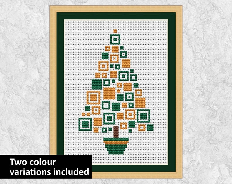 Modern Christmas cross stitch pattern, Squares Christmas Tree, fun easy geometric design, for decoration or Christmas card, printable PDF image 1