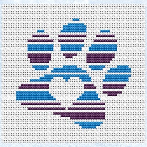 May include: A cross-stitch design featuring a stylized flower with purple and blue stripes.