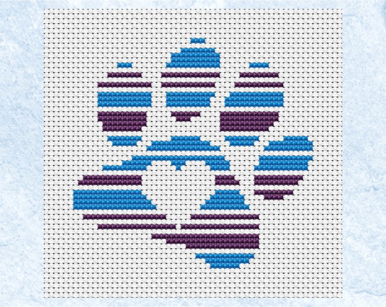 May include: A cross-stitch design featuring a stylized flower with purple and blue stripes.