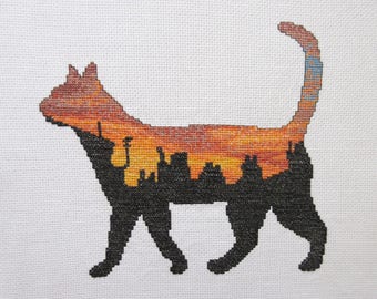 Cat cross stitch pattern, printable cat silhouette counted cross stitch, sunset, night city rooftops, pet animal, town, instant download PDF