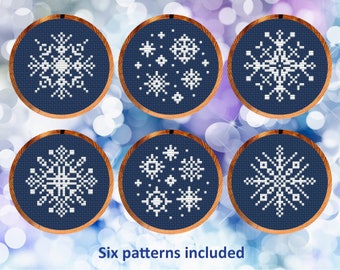 Snowflakes cross stitch patterns (Set 1: 3-inch hoops), set of six fun patterns for cards or Christmas tree, instant download PDF