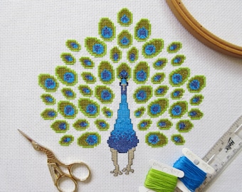 Peacock cross stitch pattern, stylised bird counted xstitch, nature, feather, exotic, bird cross stitch chart, modern PDF - instant download