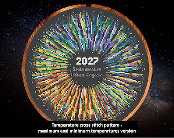 May include: A circular cross stitch pattern in a wooden hoop featuring a radial design of multicolored stitches on a dark gray background. The center displays the text 2027, Southampton, United Kingdom, representing a temperature data visualization.