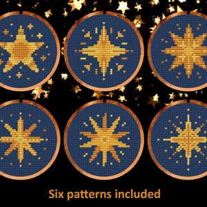 Sterren kruissteekpatronen, set van zes leuke patronen voor kaarten of kerstboom, instant download PDF