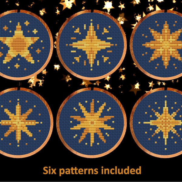 Stars cross stitch patterns, set of six fun patterns for cards or Christmas tree, instant download PDF