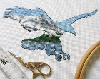 Schema punto croce Aquila, silhouette moderna di uccello di montagna, aquila calva, America, Canada, Montagne Rocciose, scena di neve e foresta, stampabile