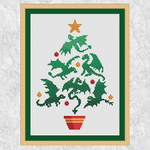 Dragon Christmas Tree cross stitch pattern, fun modern xmas chart, instant download PDF