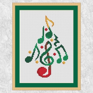 Schema punto croce albero di Natale musicale, design natalizio moderno e veloce, regalo per musicista o amante della musica, note musicali, download immediato PDF