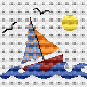 Boat cross stitch pattern, sailing counted cross stitch, sailboat, yacht, sea, lake, sun spring summer, easy, simple, printable chart, PDF image 2