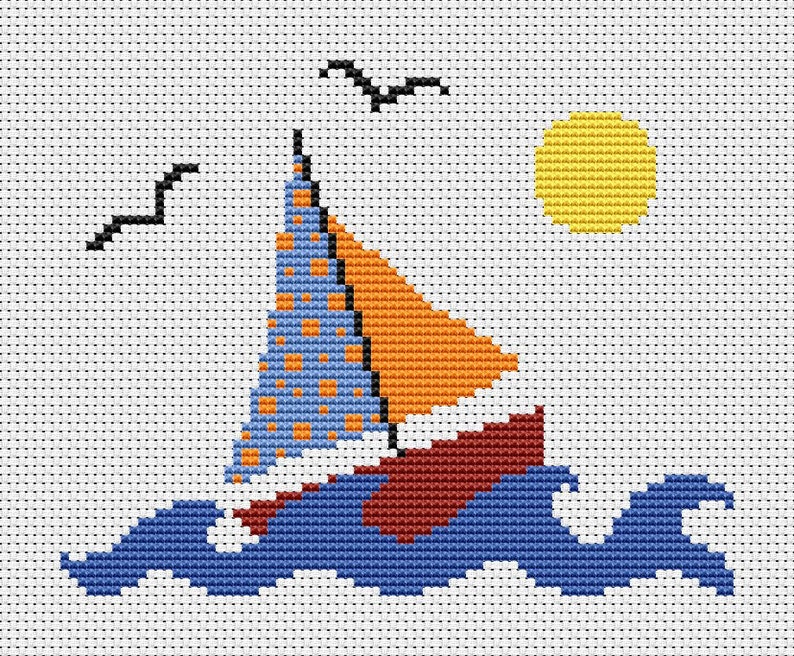 Boat cross stitch pattern, sailing counted cross stitch, sailboat, yacht, sea, lake, sun spring summer, easy, simple, printable chart, PDF image 2