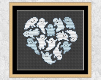 Padrão de ponto cruz de coração fantasmagórico, design fofo de Halloween, download instantâneo PDF