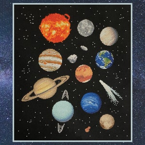 May include: A colourful cross-stitch pattern of the solar system with the sun, planets, and a comet on a black background.
