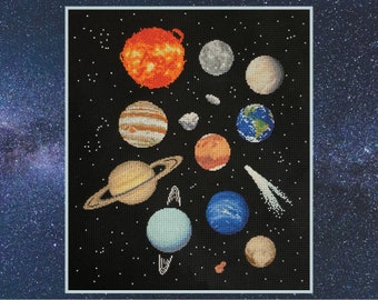 Wonders of the Solar System cross stitch pattern, Planets design, previous Stitchalong - instant download PDF