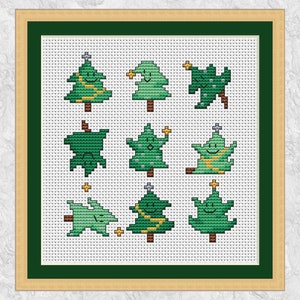 Dansende kerstbomen kruissteekpatroon, schattige mini-kerstkaartmotieven of leuke kerstfoto, instant download pdf