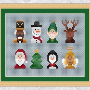Mini personaggi natalizi schema punto croce - ricama come un'unica immagine o singolarmente per biglietti di Natale o etichette regalo - download immediato PDF