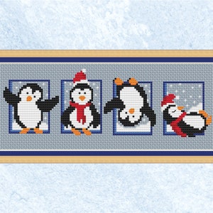 Set van pinguïns kruissteekpatroon - steek als een enkele afbeelding of afzonderlijk als kerstkaarten of cadeaukaartjes - direct downloaden PDF