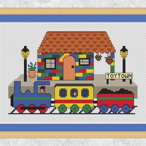 Padrão de ponto cruz de trem de brinquedo, estação, tijolos, motor, conjunto de trem a vapor, batizado de bebê, criança, nascimento, menino, gráfico divertido, PDF para impressão