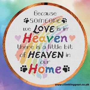 Pet memorial cross stitch pattern quote, "Because someone we love is in heaven", instant download PDF