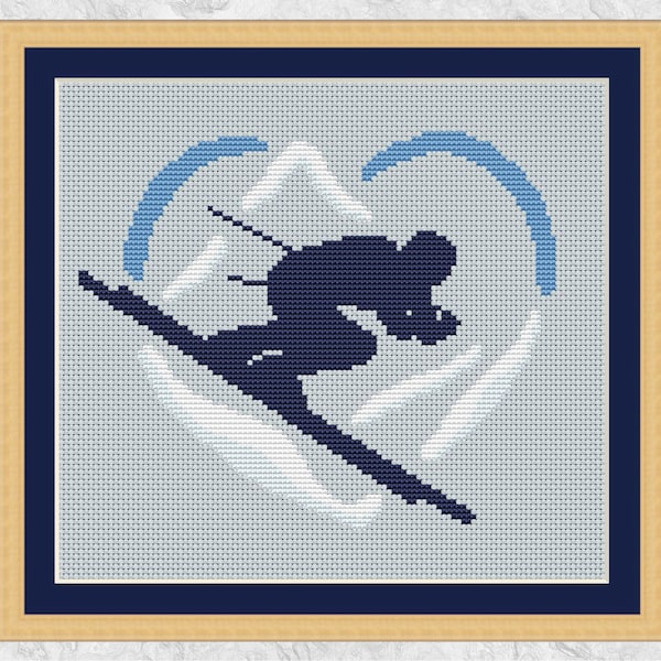 Skiing cross stitch pattern, gift for skier, sport heart chart, instant download PDF