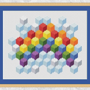 Geometric rainbow cross stitch pattern, modern art counted cross stitch pattern PDF, cubist sky, 3D effect boxes, printable instant download