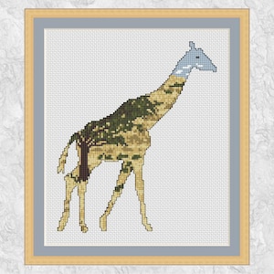 Giraffe cross stitch pattern, modern wildlife safari animal counted cross stitch chart PDF, African plains, tree, savanna, jungle, zoo image 1