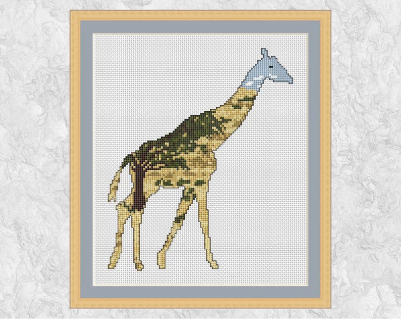Giraffe cross stitch pattern, modern wildlife safari animal counted cross stitch chart PDF, African plains, tree, savanna, jungle, zoo image 1