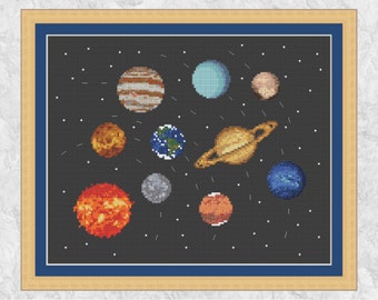 Planets cross stitch pattern, The Solar System, astronomy and space design, instant download PDF
