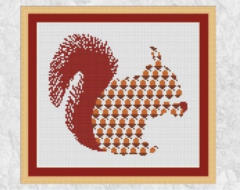 Squirrel cross stitch pattern, red squirrel silhouette, cross stitch pattern printable, modern cute animal, acorn woodland, autumn fall, PDF