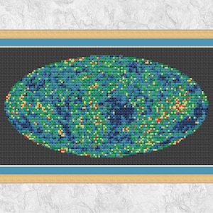 May include: A cross-stitch pattern of a galaxy with a blue, green, yellow, and red color scheme. The galaxy is surrounded by a black background.