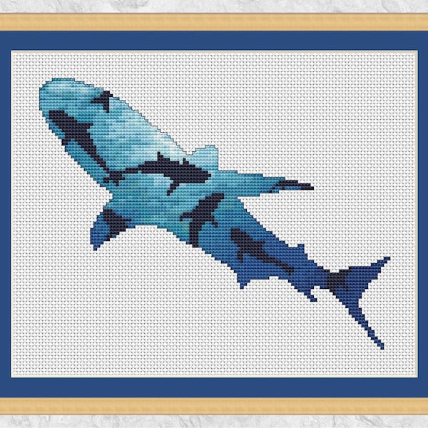 Shark cross stitch pattern, modern ocean counted cross stitch design, underwater animal, instant download PDF