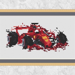 Racing car cross stitch pattern, modern art style, Formula 1, sports car, instant download printable PDF