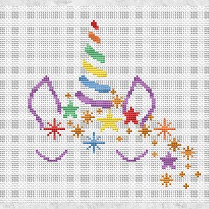 Unicorn cross stitch pattern, easy fun fairy tale unicorn cross stitch chart, magical stars, pastel rainbow silhouette, printable PDF design image 2