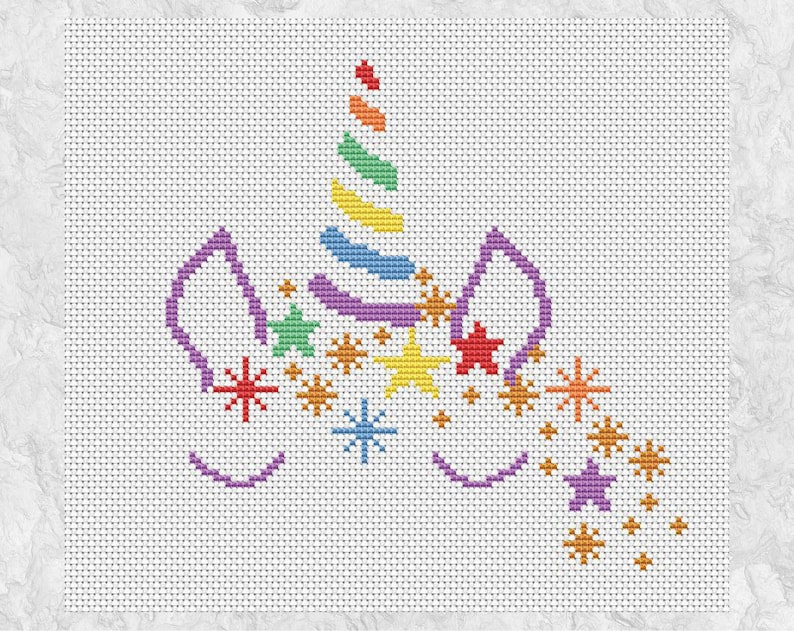 Unicorn cross stitch pattern, easy fun fairy tale unicorn cross stitch chart, magical stars, pastel rainbow silhouette, printable PDF design image 2